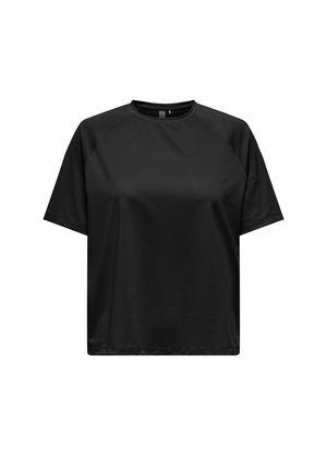 T-shirt de sport noir à manches courtes et col rond, présenté sur un fond blanc uni.
