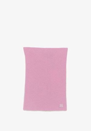 Knit, rectangular neck warmer in soft pink fabric with ribbed texture, featuring a small logo patch on one side.