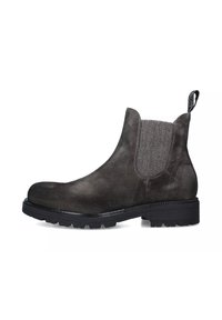 Stivale Chelsea in suede grigio con pannelli elastici ai lati, punta rotonda e suola in gomma nera. Presenta un manico per una facile calzata.