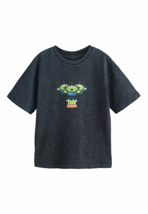 Black short-sleeve T-shirt featuring three green Toy Story aliens with antennas and the Toy Story logo below them.