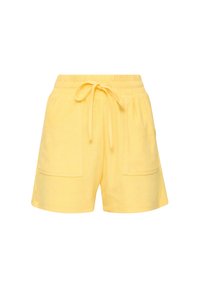 Geel badstof shorts met een elastische tailleband, trekkkoord en twee voorzakken. Zachte textuur met een casual, losse pasvorm.