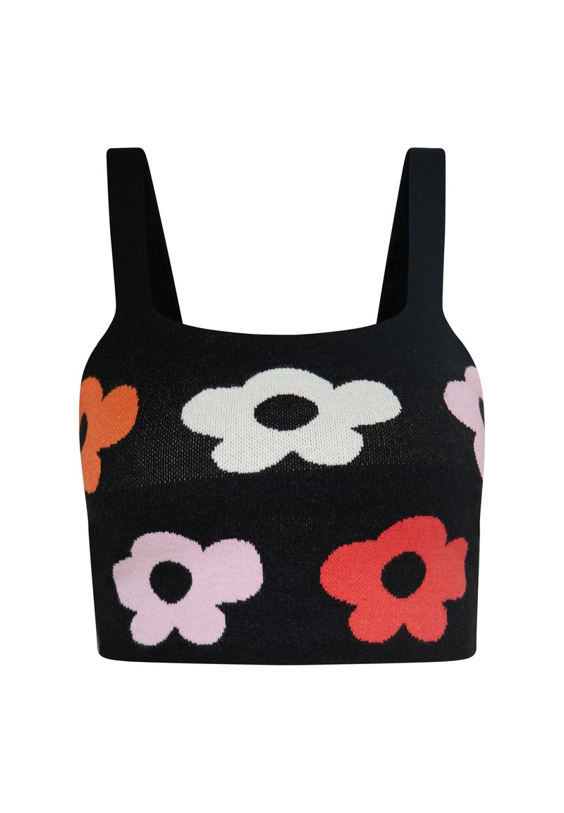 Top corto nero lavorato a maglia con spalline larghe, caratterizzato da un motivo floreale arancione, bianco, rosa e rosso. Texture morbida con vestibilità elasticizzata.