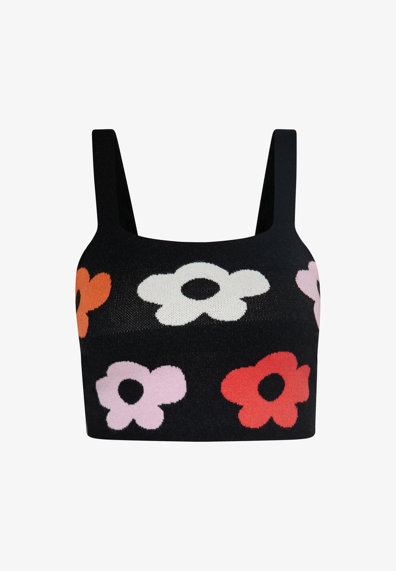Top scurt tricotat negru cu bretele late, având un model floral în nuanțe de portocaliu, alb, roz și roșu. Textură moale cu o ajustare elastică.