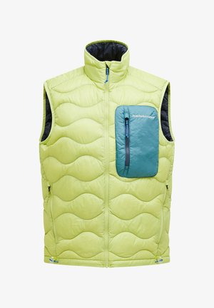 Gewatteerde vest in een levendig lichtgroen met een golvend steekpatroon. Beschikt over een ritszak in contrasterend blauw en een hoge kraag.