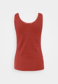 Top rosso realizzato in tessuto a costine, con scollatura a barco e delicata rifinitura in pizzo sui bordi. Vestibilità standard, design senza maniche.
