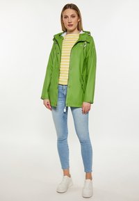 Žalias vandeniui atsparus švarkas su gobtuvu, užtrauktuku ir dviem šoninėmis kišenėmis. Dėvimas ant geltonos juostelės marškinėlių ir šviesiai mėlynų siaurų džinsų.