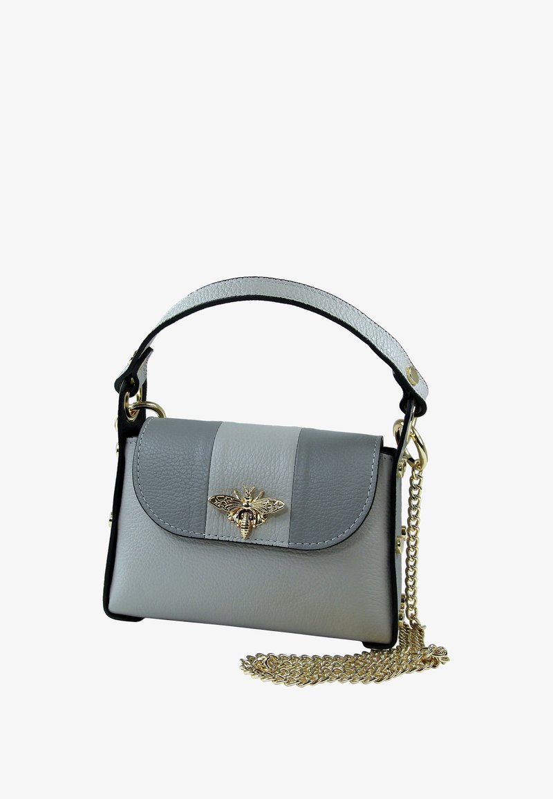 Small gray leather handbag with black accents, gold bee-shaped hardware, and a detachable chain strap. Smooth texture; structured design.