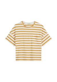 Witte t-shirt met korte mouwen,decoratie in gele horizontale strepen en een zak aan de linkerkant. Casual, boxy pasvorm. Van katoen.