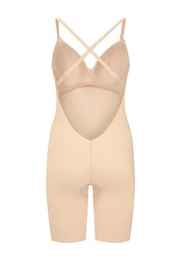 Body shaper beige con spalline incrociate regolabili, design senza cuciture e lunghezza fino a metà coscia, con uno scavo posteriore e un cavallo aperto.