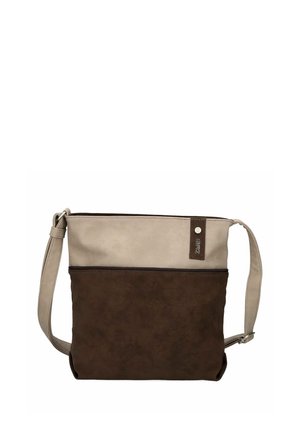 Borsa a tracolla bicolore con metà superiore beige, metà inferiore marrone scuro, tracolla beige regolabile e piccola targhetta rettangolare con logo in alto a destra.