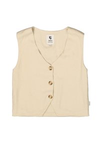 Blusa sin mangas beige con escote en V y tres botones de madera en la parte delantera. Hecha de un tejido ligero y texturizado.