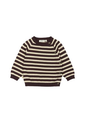 Dunkelbrauner und cremefarbener gestreifter Pullover, runder Ausschnitt, gerippte Bündchen, mit Knopfdetails an der linken Schulter. Baumwollmischung.