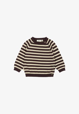 Sweater a rayas marrón oscuro y crema, con cuello redondo, puños acanalados y detalles de botones en el hombro izquierdo. Material de mezcla de algodón.