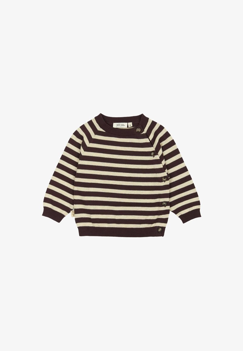 Tumepruun ja kreemikollane triibuline kampsun, ümar kaelus, soonikkoes varrukad, vasakul õlal nööpide detailidega. Puuvilla segu materjal.