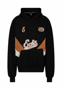 Haut à capuche noir avec une poche kangourou à l'avant, arborant des panneaux diagonaux orange et blanc et des logos de couleurs contrastantes. Fabriqué en tissu doux.