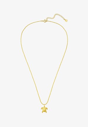 Guld skildpadde vedhængs halskæde med en struktureret finish på skildpaddecharms og en perlekæde. Justerbar lås med forlængerkæde.