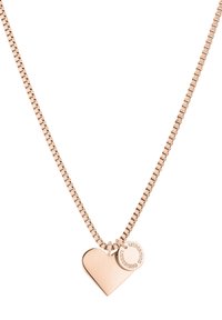 Roze gouden ketting met een schakelketting, voorzien van een gepolijste hartvormige hanger en een kleine ronde charme met gegraveerde tekst.