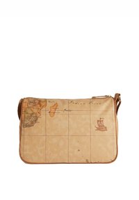 Borsa a spalla marrone con design di una mappa vintage, illustrazioni geografiche, dettagli in pelle color sabbia e chiusura a zip.