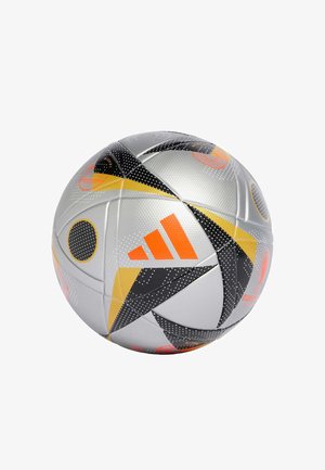 Silver soccer ball with a textured surface, featuring black, orange, and yellow geometric patterns, and an Adidas logo.
