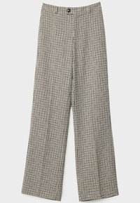 Pantalon taille haute à jambes larges avec motif pied-de-poule noir et blanc et fermeture par bouton noir à la taille.