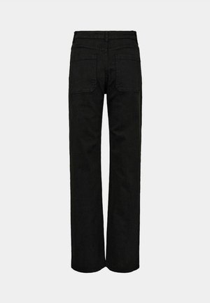 Pantaloni in denim nero con taglio dritto, dotati di due tasche posteriori e una cintura semplice. Il tessuto ha una consistenza liscia e opaca.