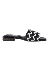 Black and white woven slide sandal, featuring a wide strap, flat black sole, and a transparent, patterned block heel.