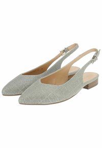 Ballerines à talon bas en bois avec bout pointu et bride slingback en tissu texturé gris clair, équipées d'une sangle boucle ajustable. Intérieur en cuir lisse.
