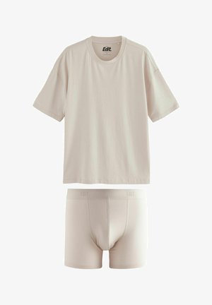 Beige puuvillane T-särk lühikeste varrukatega ja ümar kaelus, kombineeritud sobivate beezide bokseritega, millel on elastne vöökoht ja logo.