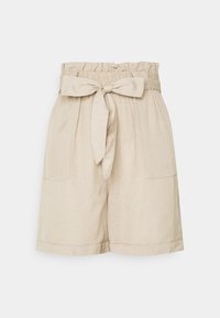 Beige lněné šortky s nařaseným elastickým pasem, nastavitelnou šňůrkou a dvěma bočními kapsami. Hladká textura a délka ke kolenům.
