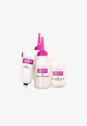 Kit di tintura per capelli L'Oréal Casting Crème Gloss, composto da tre bottiglie: crema colorante (bianca), attivatore (rosa) e trattamento (bianca), con etichette.