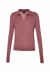 Polo en maille rose poudré à manches longues avec patte de boutonnage et poignets côtelés, doté d'un petit logo métallique sur le col.