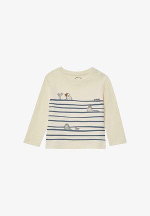 Kremowa koszula z długim rękawem w niebieskie poziome paski, z trzema haftowanymi ilustracjami uchatków. Dwa zatrzaski na ramieniu.