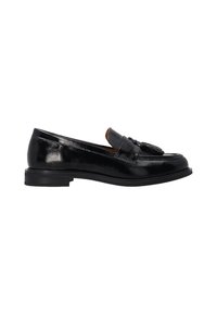Zwarte leren loafers met een afgeronde neus en decoratieve kwastjes. Voorzien van een lage, gestructureerde rubberen zool voor grip.