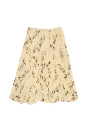 Gelber Blumenkleid mit ausgestellter Silhouette, versehen mit braunen Blumenmustern und einem strukturierten Stoff. Mit elastischem Bund für optimalen Sitz.