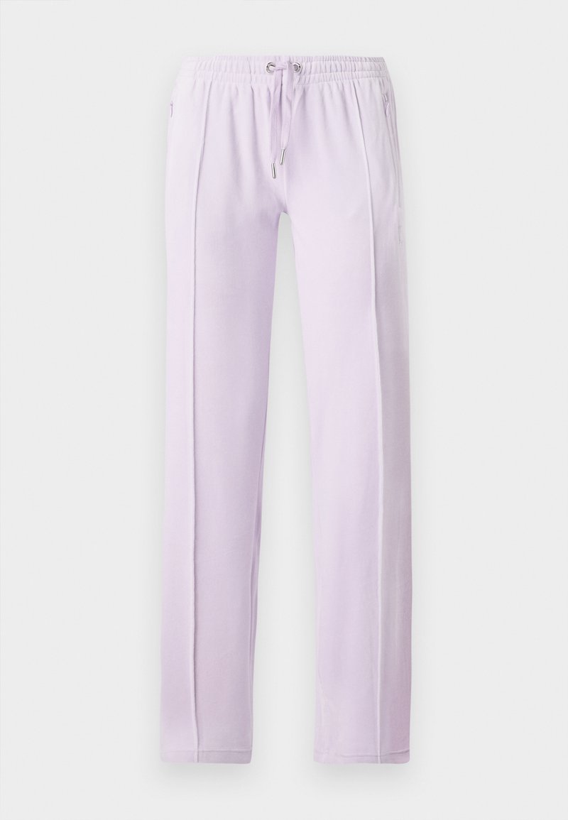 Pantalons de survêtement lavande avec taille élastique et cordon de serrage. Présente des jambes droites et des coutures latérales. Texture douce et lisse. Pas de motifs ni d'accents.