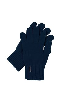 Marineblaue gestrickte Handschuhe aus weichem Stoff, mit separaten Fingerabschnitten und gerippten Bündchen für einen sicheren Sitz und Isolierung.
