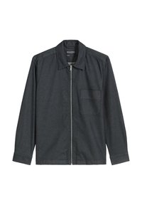 Donkergrijs lichtgewicht jack met een ritssluiting aan de voorkant, puntkraag en een borstzak. De stof heeft een gladde textuur, geschikt voor casual gebruik.