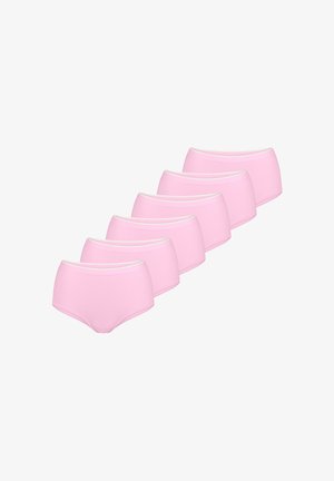 Vijf paar roze katoenen slipjes met een gladde textuur en een witte elastische tailleband. Elk paar heeft een eenvoudig, effen ontwerp.