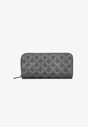 Gray leather wallet with embossed patterns of flowers and geometric shapes, featuring a zip closure and textured surface.