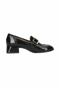 Black patent leather loafers with a low square heel, featuring a strap across the vamp with gold-tone hardware accents. Smooth, shiny texture.