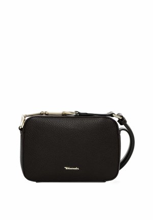 Black leather crossbody bag with textured finish, gold hardware accents, and a detachable strap. Rectangular shape with smooth edges.