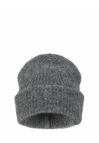 Gray knitted wool beanie with a folded cuff and a ribbed texture, designed for warmth and casual wear.