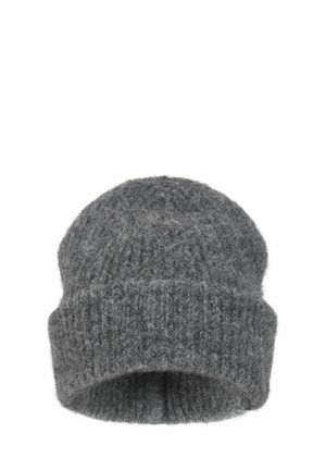 Gray knitted wool beanie with a folded cuff and a ribbed texture, designed for warmth and casual wear.