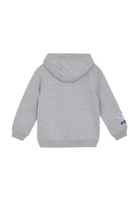 Felpa grigia con un morbido materiale in misto cotone, cappuccio con cordino, polsini a costine e un design blu ricamato sulla manica.