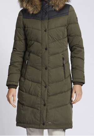 Olive green puffer coat with a faux fur hood, black shoulder panel, chevron stitching, and zippered side pockets. Long, fitted design.