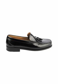 Mocasines negros de cuero pulido, con diseño de puntas redondas, estilo sin cordones y detalle decorativo de borlas en la parte delantera.