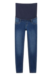 Jeggings de mezclilla azul con una cinturilla elástica de un elegante azul marino, que presentan un diseño de cinco bolsillos y piernas ajustadas, textura suave y un estilo clásico.
