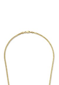 Collier en métal doré avec un design torsadé et un fermoir à homard. Présente une finition lisse et brillante sans embellissements.