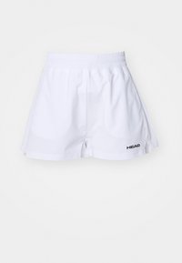 White athletic shorts with an elastic waistband, side slits, featuring a black "HEAD" logo on the left leg. Smooth cotton material.