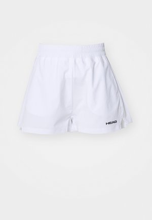 Weiße Sportshorts mit elastischem Bund, seitlichen Schlitzen, mit einem schwarzen "HEAD"-Logo am linken Bein. Glattes Baumwollmaterial.